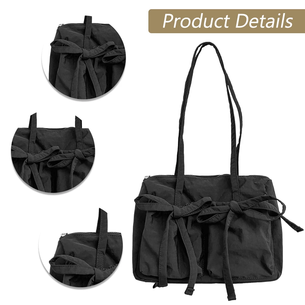 Women Casual Tote Handbag with Bow Fashion Shoulder Purse Zipper Closure Nylon Grocery Purse Girls Outdoor Daily Bag