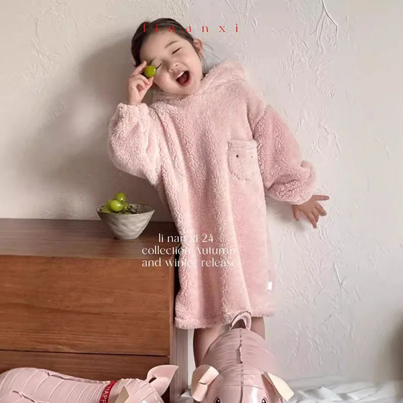 2024 children's autumn and winter plush homewear pig suit and nightdress baby girls double-sided cashmere pajamas pajama pants