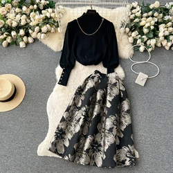 Chic Women Two-Piece Sets Knit Long Sleeve Half High Collar Top and Basics Jacquard Skirt Korean High Street Vintage Clothing