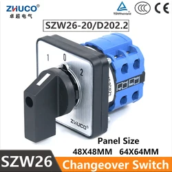 ZHUCO SZW26/LW26-20 Ith 20A Ui 660V 2 Pole 8 Screws 3 Position 64X64 48X48 mm Panel Transfer ON OFF ON Changeover Cam Switch