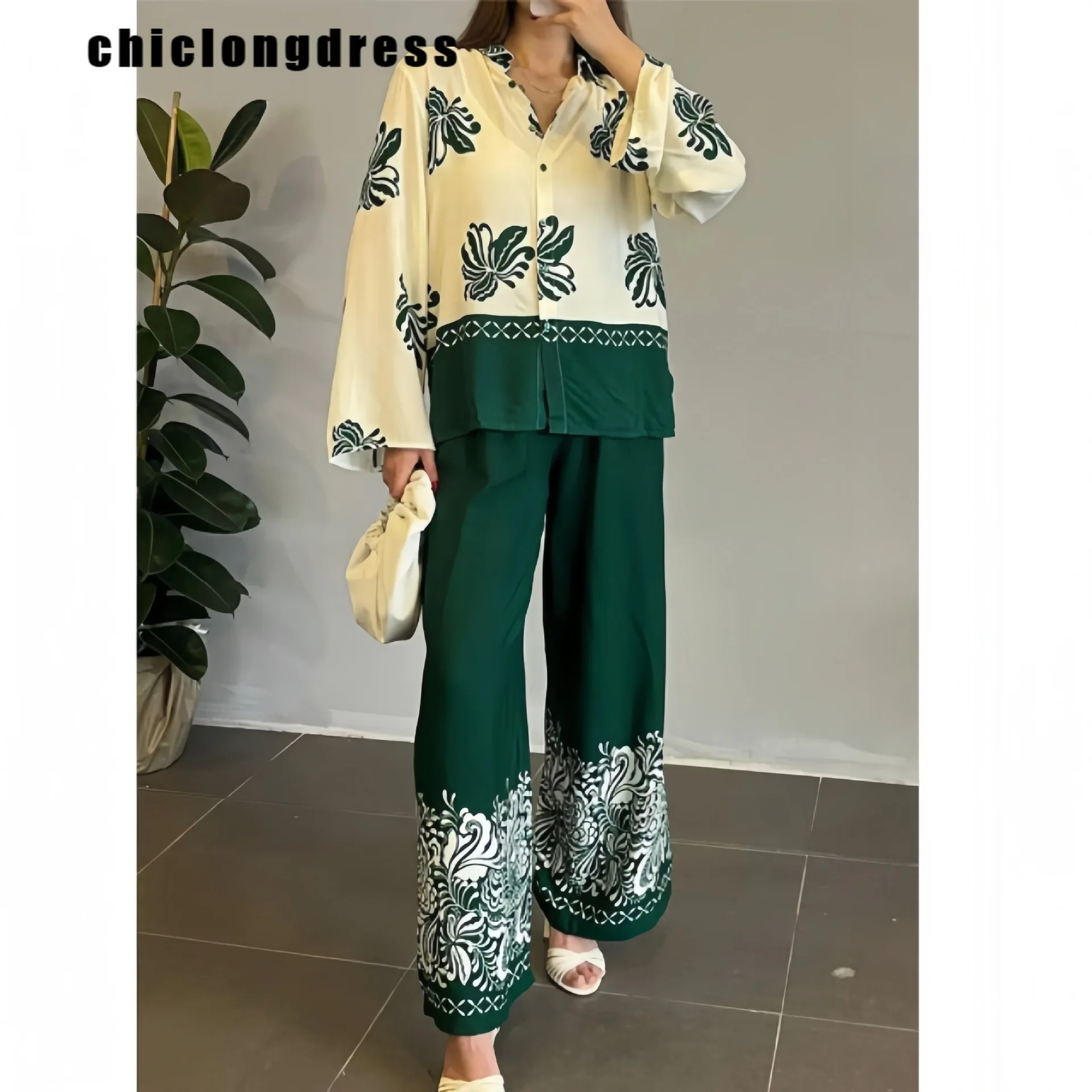 

Summer Fashion Printed Two Piece Set Women Casual Loose Button Shirt Wide Leg Pants Two Piece Set Women