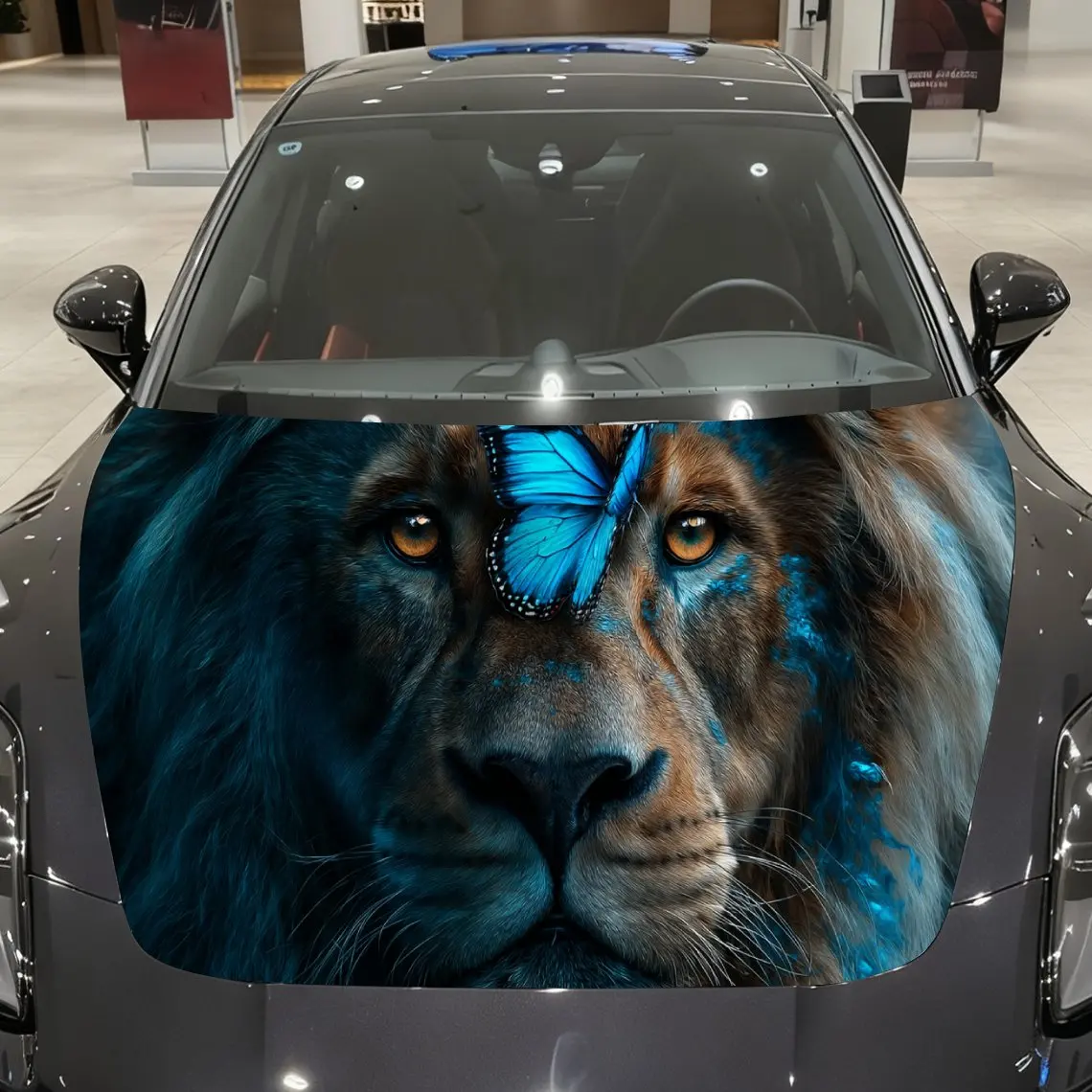 

Blue Butterfly Lion Car Vinyl Wrap, PVC Material Waterproof Car Hood Sticker, Self-Adhesive Scratch-Resistant Stickers for Engin