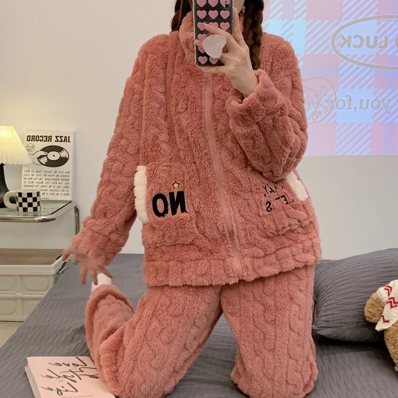 5XL Winter Women's Warm Pajamas Home Clothes Suit Ladies Flannel Sleepwear Thicken Coral Fleece Pijamas Zipper Plush Lounge Wear