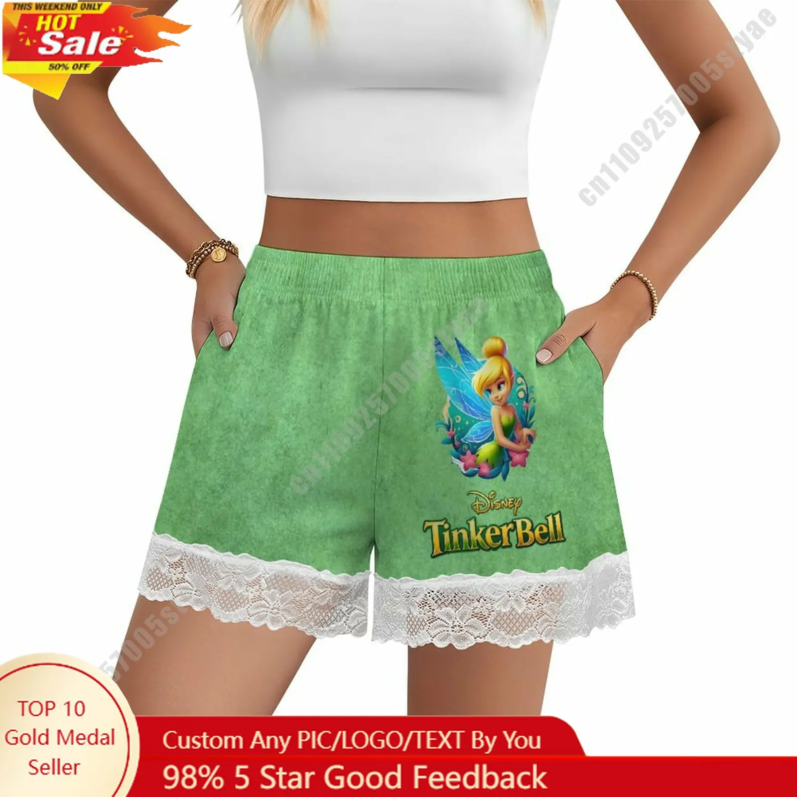 

Tinker Bell Short Pajama Pants Disney Cartoon Women Summer Lace Trim Thin Panties Custom Loose Home Casual Shorts