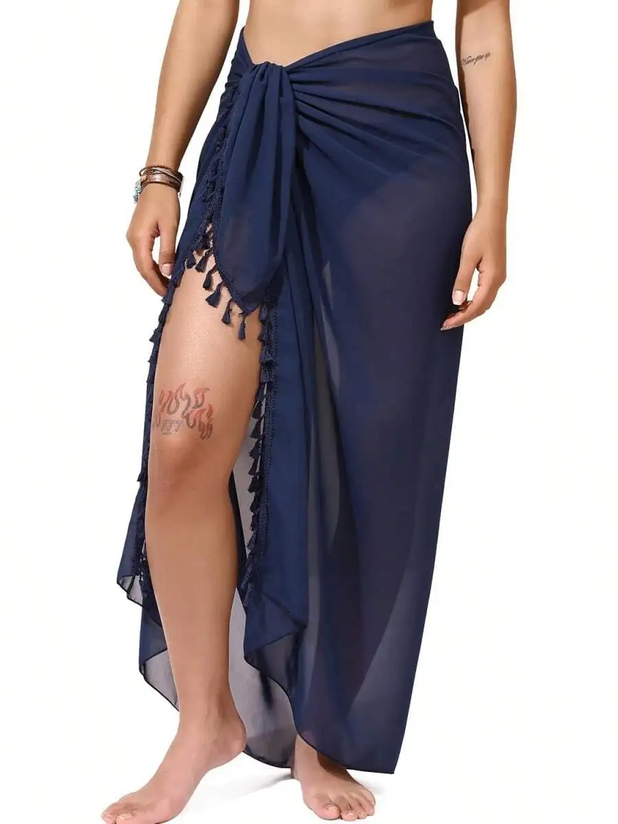 

Womens Chiffon Beach Sarong Sheer Swimsuit Cover Up With Tassel Trim
