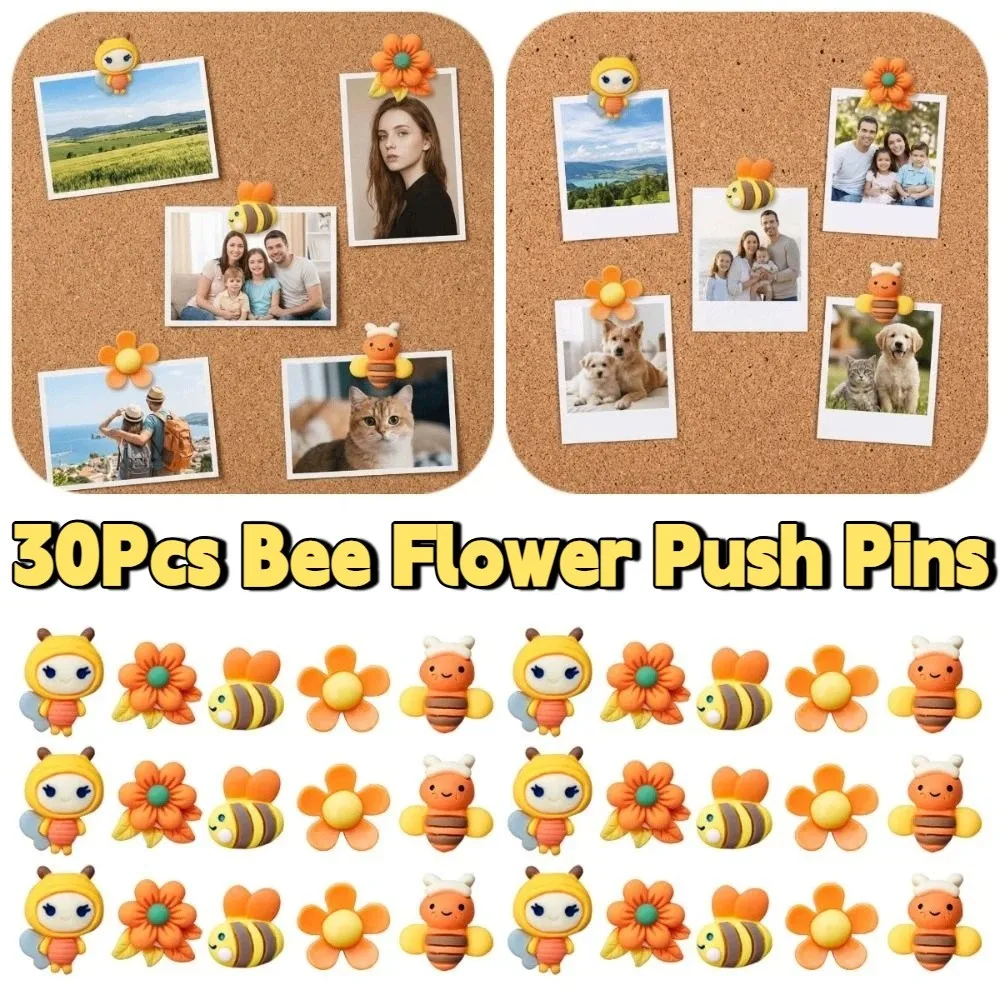 

30Pcs Decorative Studs 3D Bee Flower Push Pins DIY Creative Thumb Tacks Reusable Multifunctional Board Thumbtack Wall Markers