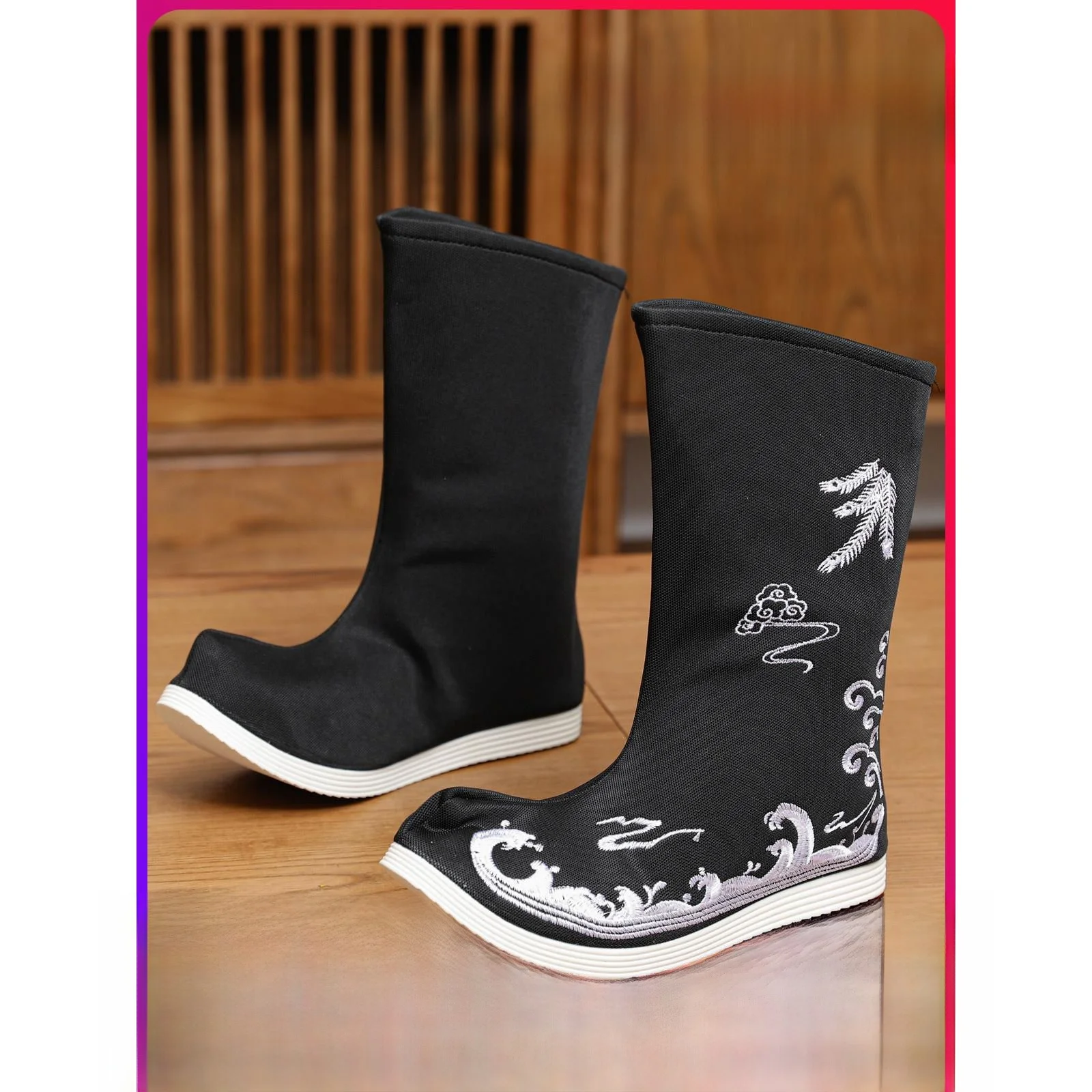 

Handmade Ancient Chinese Wedding Boots Men's Flat Toe Upturned Head Cloud Embroidery National Sle Official Boots Dance oes