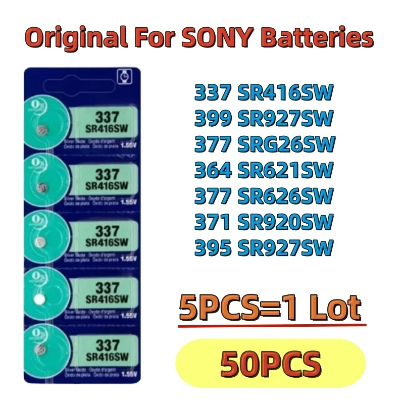 

NEW 50PCS For Sony 337 SR416SW Silver Watch Battery 364 SR621SW 371 SR920SW 377 SR626SW 379 SR521SW 395 399 SR927SW Coin Cell