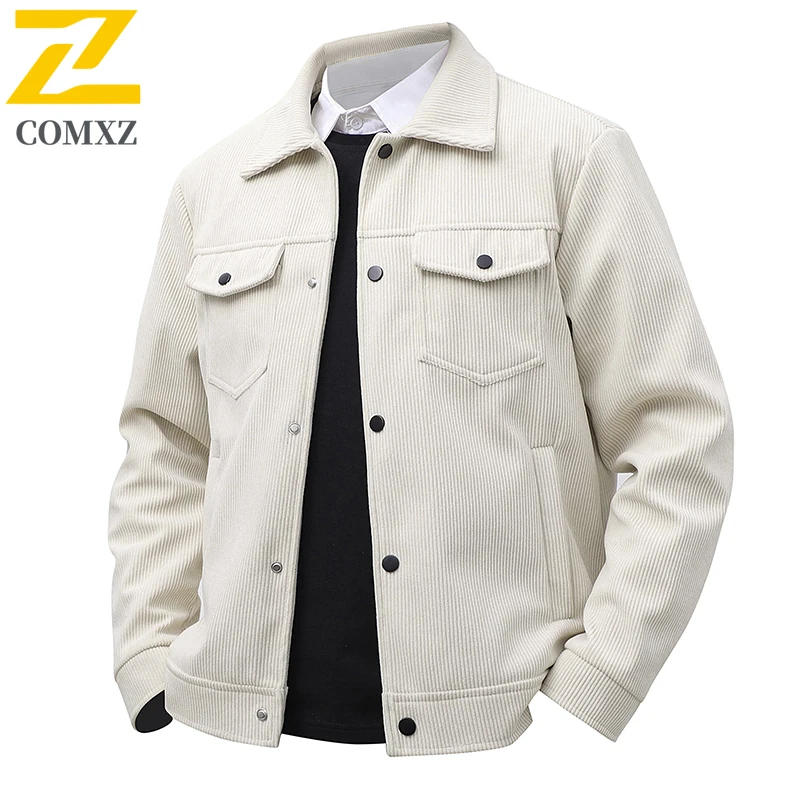 Men Corduroy Jacke Simple Style Versatile Skin Friendly Comfortable Windproof Jacket Business Casual Commuting Lapel Windbreaker