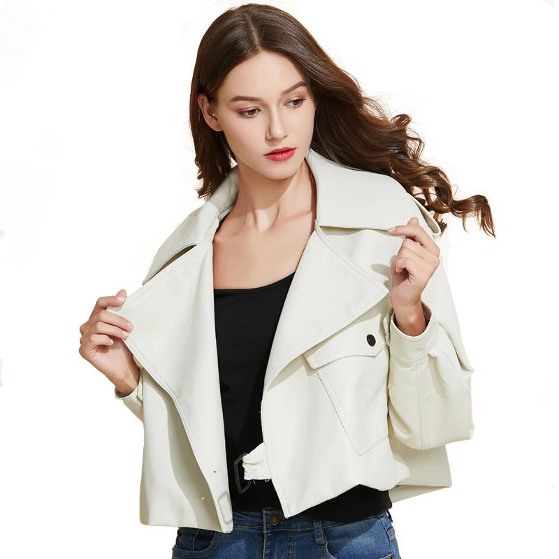 Fitaylor Women Faux PU Leather Jacket Casual Lady Lapel Button Jacket Female Loose Short Leather Coat