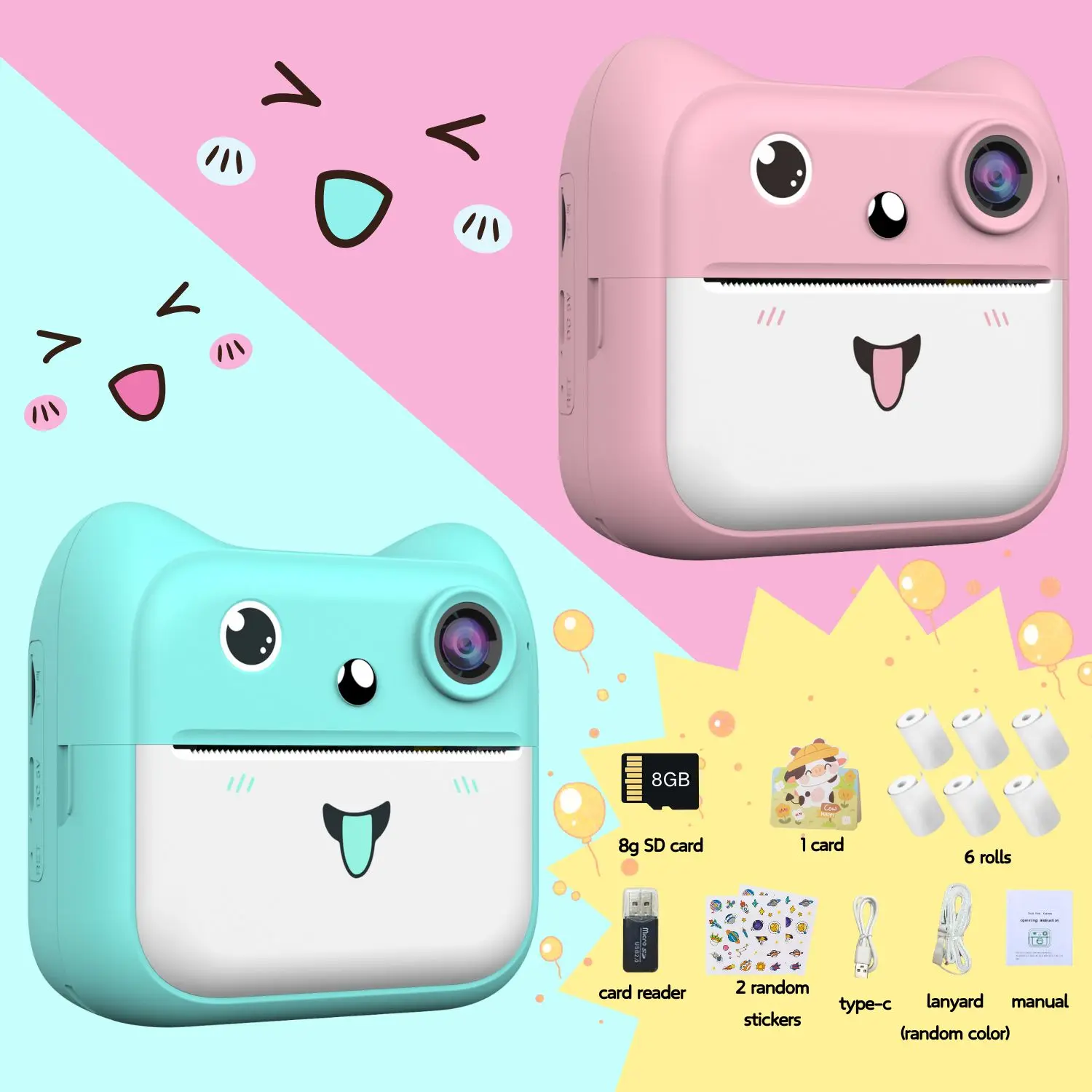 Kids Photo Camera Toy with Printer Games Cute Pink Blue Mini Digital Video Child Instant Print Camera Toy Girls Boys Gift