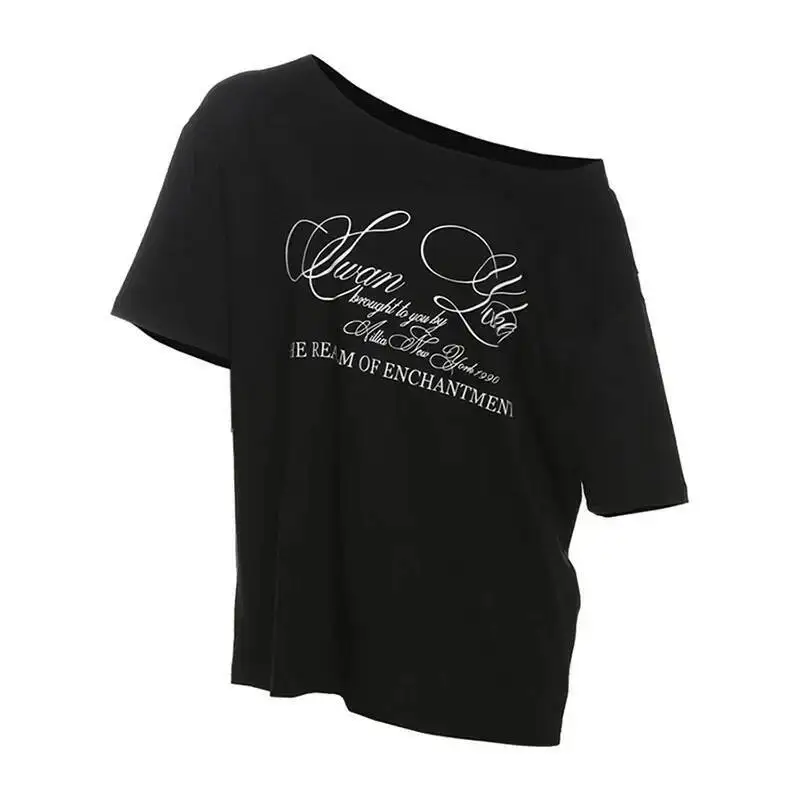 

Pixiekiki Letter Print Graphic T Shirts White Oversized One Shoulder Tops Womens Summer Fashion Clothing Trends 2024 P71-BG14