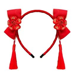 Bandeau de cheveux rouge avec pompon pour fille, jolie fleur de boule de poils, coiffure de style chinois, vêtements de sauna du Nouvel An, nœud rouge