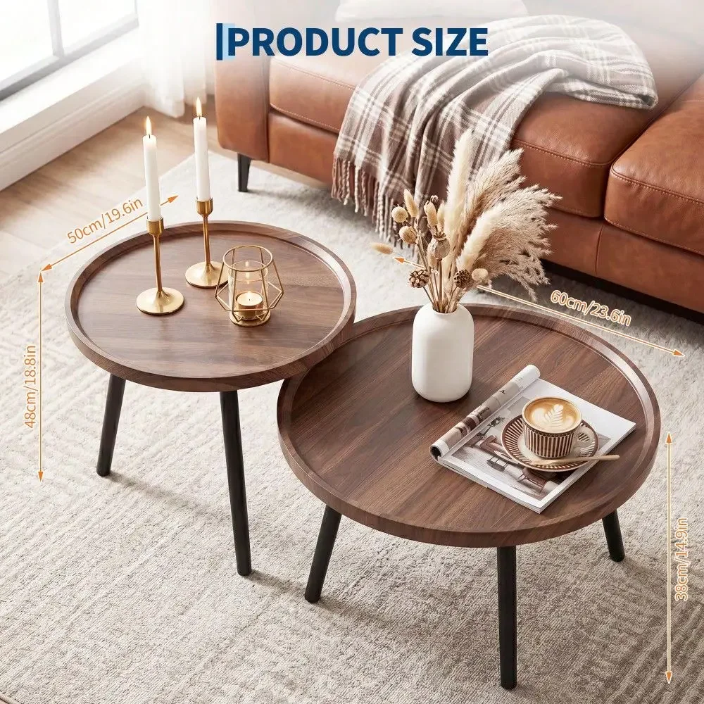 Round Coffee Table, Mid Century Small Circle Side Tables For Sofa Bedside Balcony,Easy Assembly Modern Nesting Coffee Tables