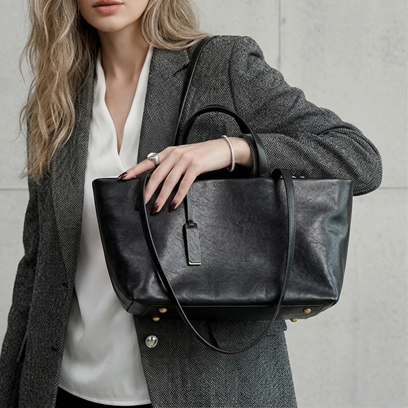 HIFASHION Genuine Cowhide Leather Underarm Shoulder Bags For Women Large Capacity Satchel Purses Commuter Office Ladies Handbags