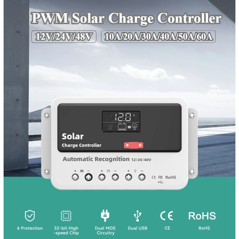 10A-60A PWM Solar Charge Controller Regulator 12/24/48V Automatic Identification Solar Panel Battery Charge Controller