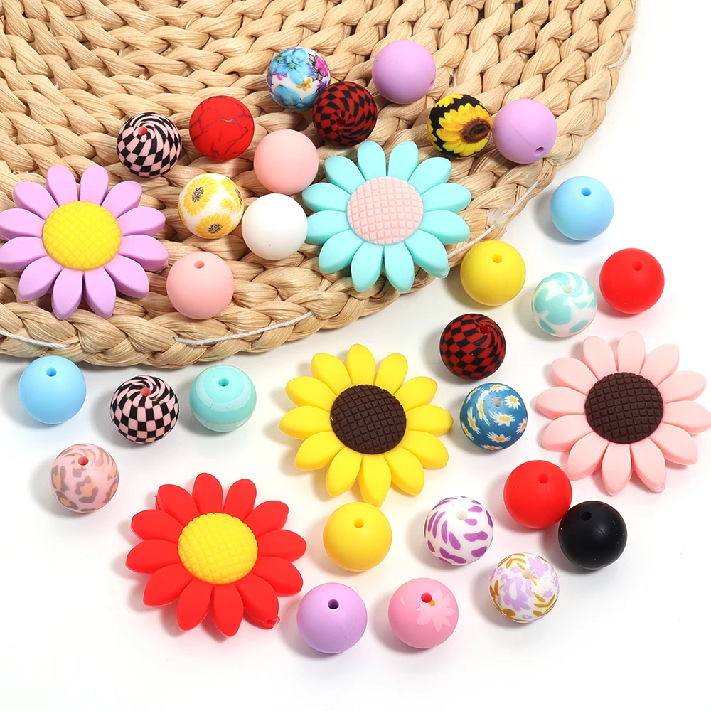 

23pcs/set Printed Silicone Beads Flower Beads Round Loose Beads For Jewelry Making DIY Necklace Bracelet Handmade Accessories