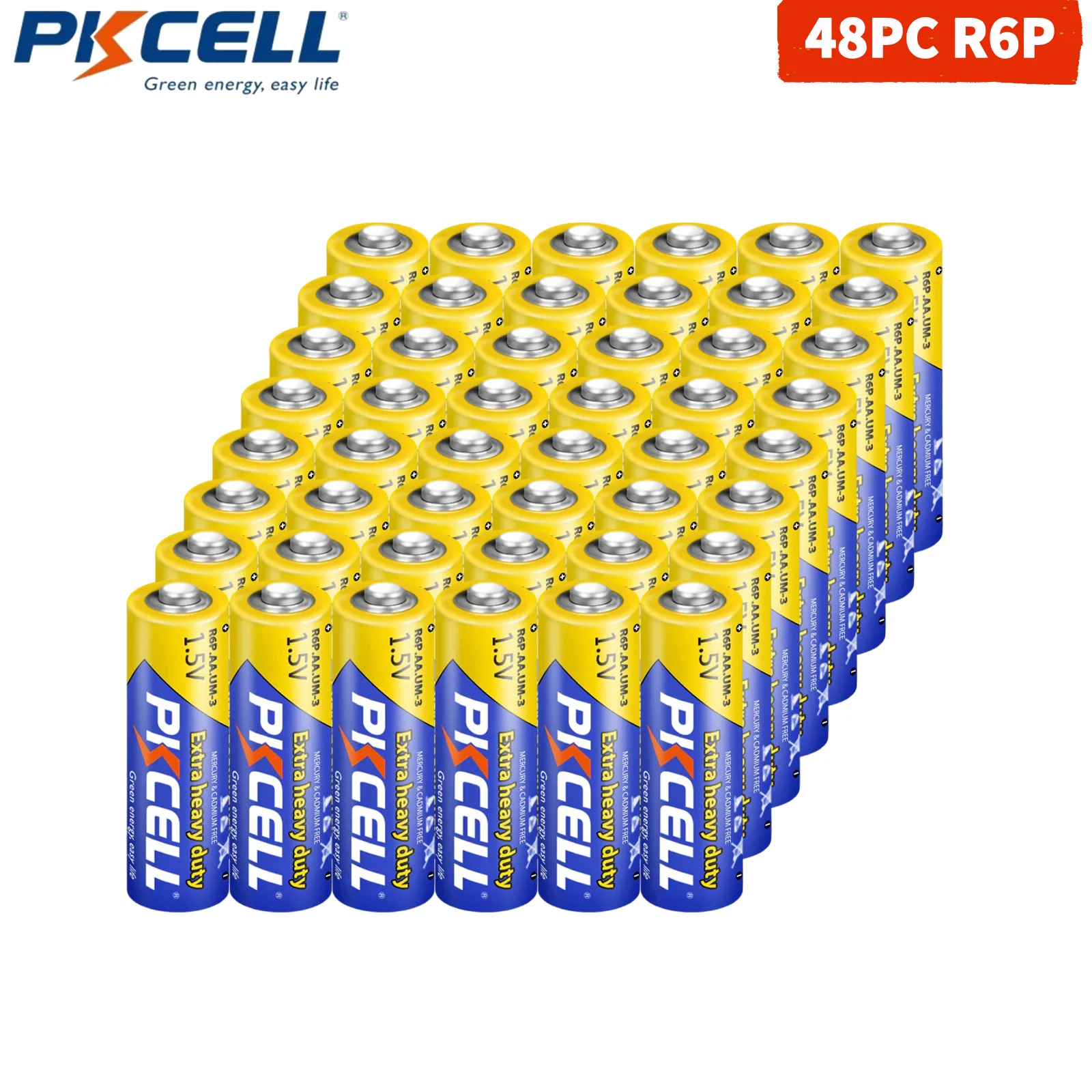 48Pack PKCELL AA Batteries Super Heavy Duty Power Carbon Zinc Double A Battery 1.5v R6P UM3 LR91 MX1500 Zinc-Carbon AA Batteries