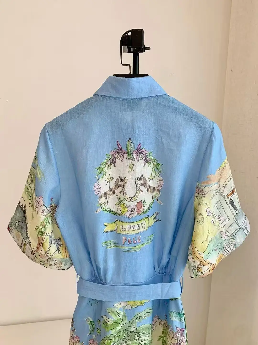 Abito camicia a maniche corte da donna Stampa moda casual con mini abito con cintura in vita 2025 Nuovo stile