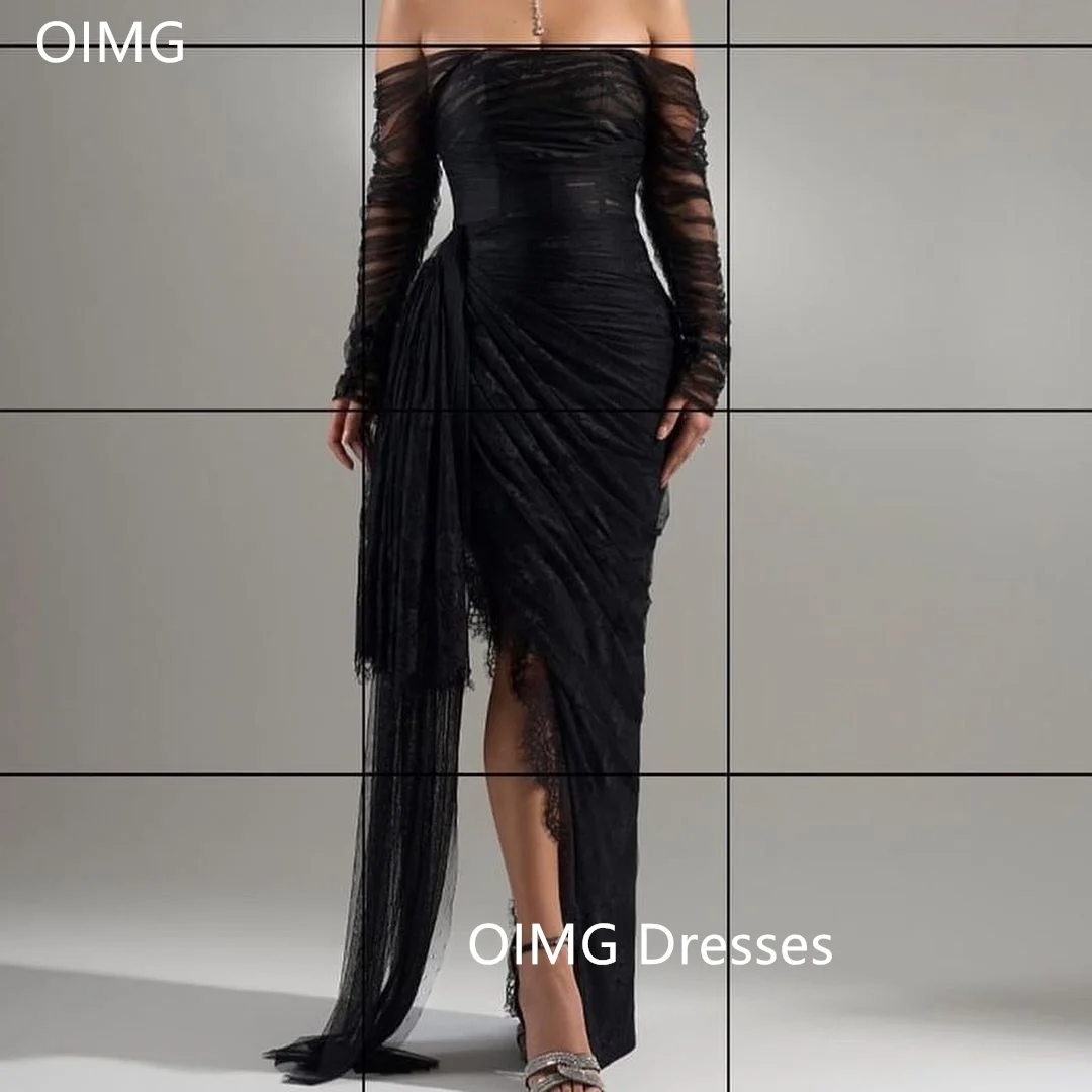 

OIMG Gorgeous Fashion Vintage Sexy Prom Dresses Side Slit Lace Off the Shoulder Long Sleeves Evening Gowns Formal Party Dress