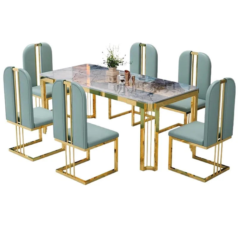 

Сочетание мраморного обеденного стола и стульев, современная простая прямоугольная яркая каменная плита из нержавеющей стали высокого класса