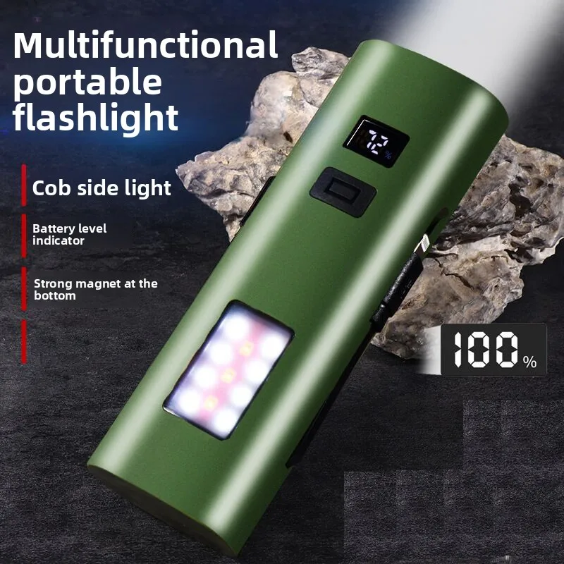 Super Bright Multifunctional Flashlight with Power Bank Side Light Warning Light and Digital Power Display for Working Use