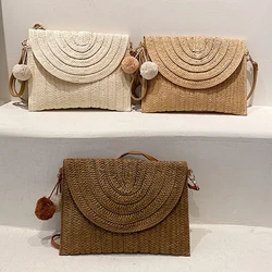 Summer Beach Straw Clutch Bag Cute Ball pendant Crossbody Bag for Women Travel Shoulder Bags Purse Ladies Casual Wicker Handbags