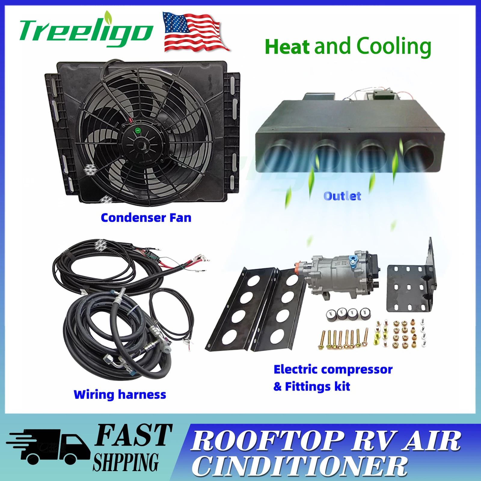 Treeligo 12V 10500BTU Underdash Cooling&Heat Air conditioner Universal electric  A/C Unit Kit Fit Truck Cab Bus Air Conditioner