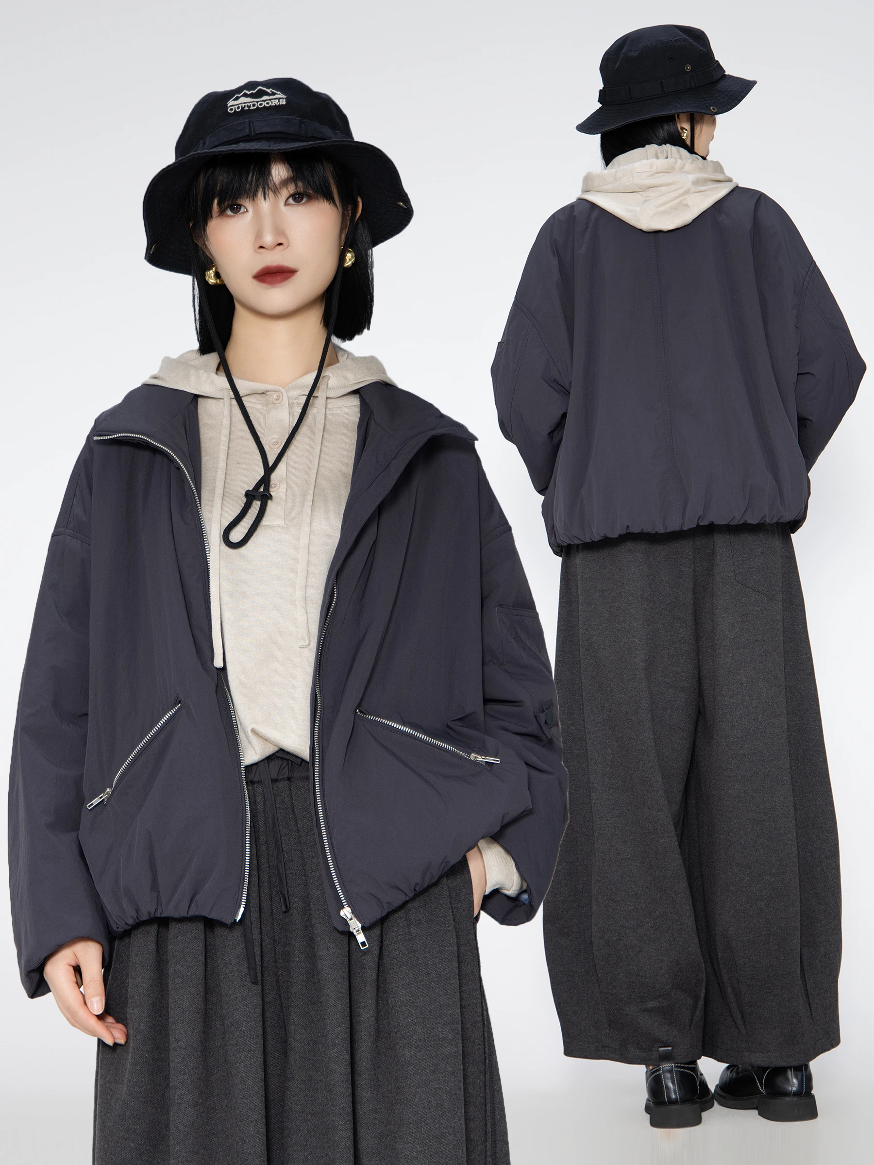 

uer Woolen Jaet ort Loose Zipper Design Sense Cotton Coat Women's Casual Faion Commute Sle Regular Sve Long Hooded