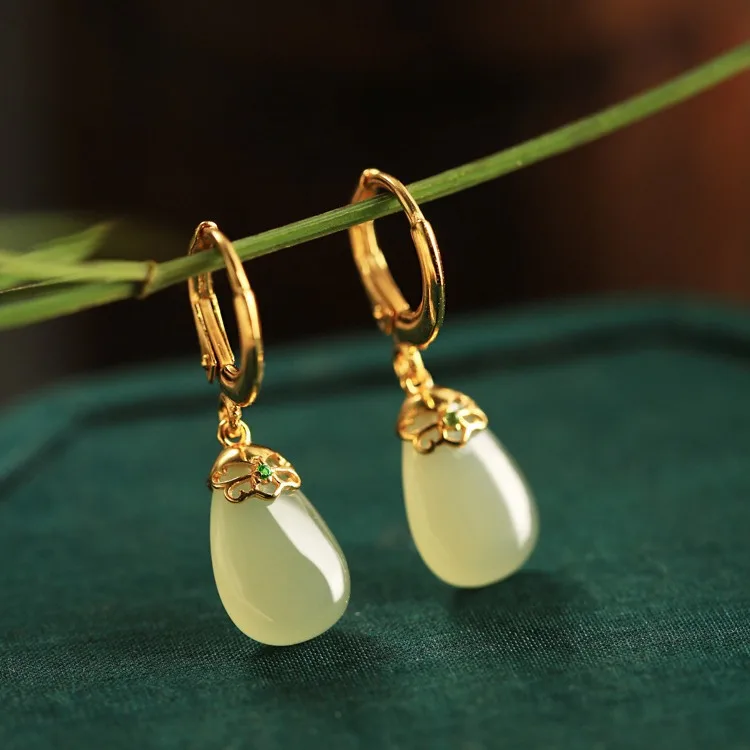 

Real Jade Water drop Earrings Talismans Luxury Gifts for Women Vintage Accessories Charm 18K Gold Plated Amulet Natural Jewelry
