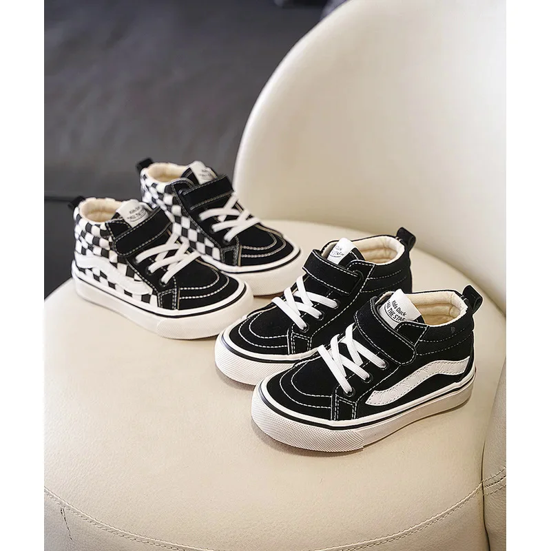 Boys Girls High Top Canvas Shoes Children New Fashion Hook and Loop Casual Board Shoes Kids Soft Sole Non Slip Athletic Shoes