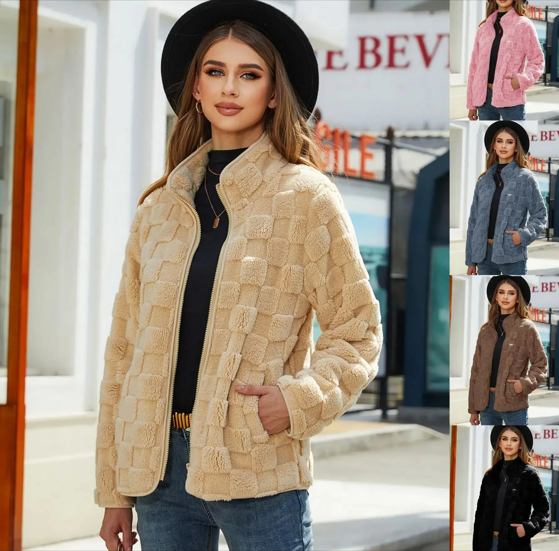 

Autumn/winter New Women's European/american Style Flannel Loose Fit Long Sleeve Zipper Solid Color Plaid Pattern