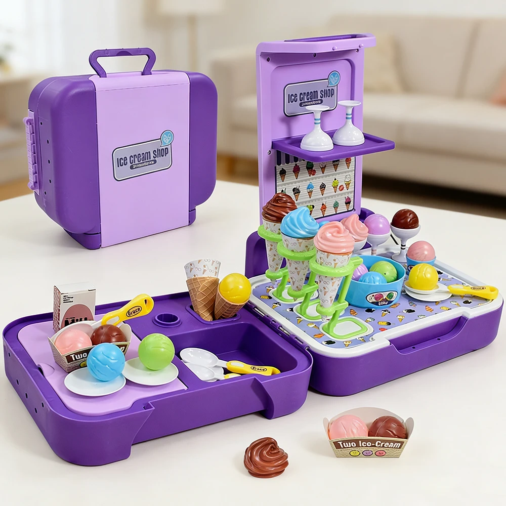 

3 in 1 DIY Ice Cream Toys Portable Storage Case Pretend Play for Kids,Ice Cream Set Food Toys Play House Toys for Boys Girls