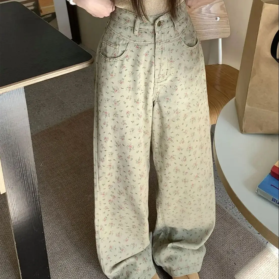 American Floral Floral Print Vintage Women Jeans Korean All-Match Wide Leg Pants High Waist Loose Straight Denim Trousers