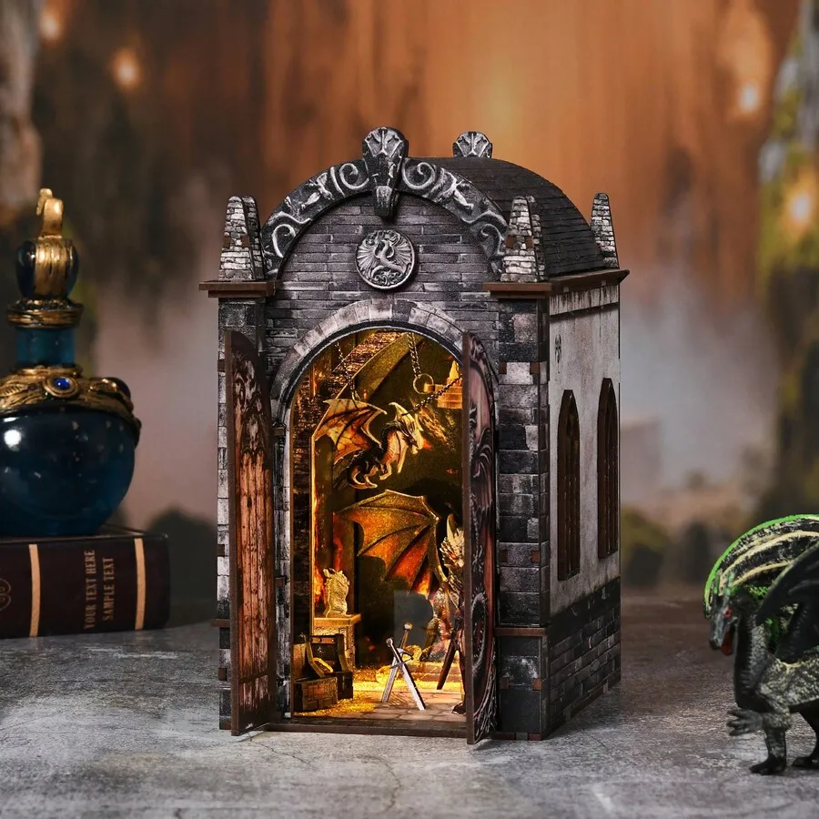 DIY Book Nook Kit, Dragon's Hidden Realm 3D Wooden Puzzle Miniature House, Bookshelf Decor DIY Craft For Adults & Teens (14+), 1