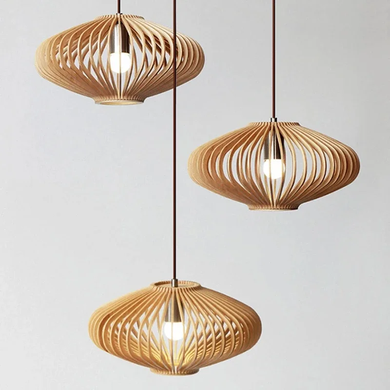 

Japanese Retro Birdcage LED Ceiling Pendant Light Wooden Chandelier Creative Restaurant Living Room Kitchen Lamp