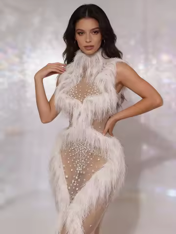 Women Luxury White Pearls Puff Tassel Transparent Long Dress Nightclub Performance Costumes Evening Party Runway Daring Dress