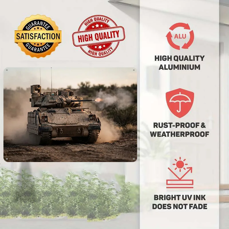 Military Tank Firing in Desert Landscape Poster Retro 3D Printed Metal Signs Customized Wall Hanging Gift for Bedroom Decoration