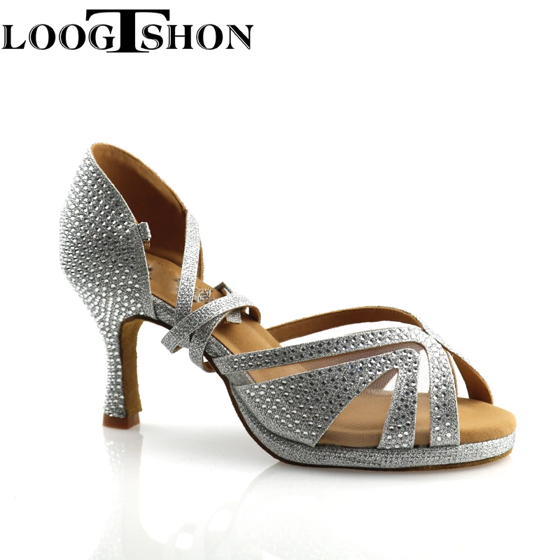 LOOGTSHON heel shoe For Women Salsa Dance Shoes Woman Sandals With Platform Silver Dance Shoes Rhinestone Indoor performance