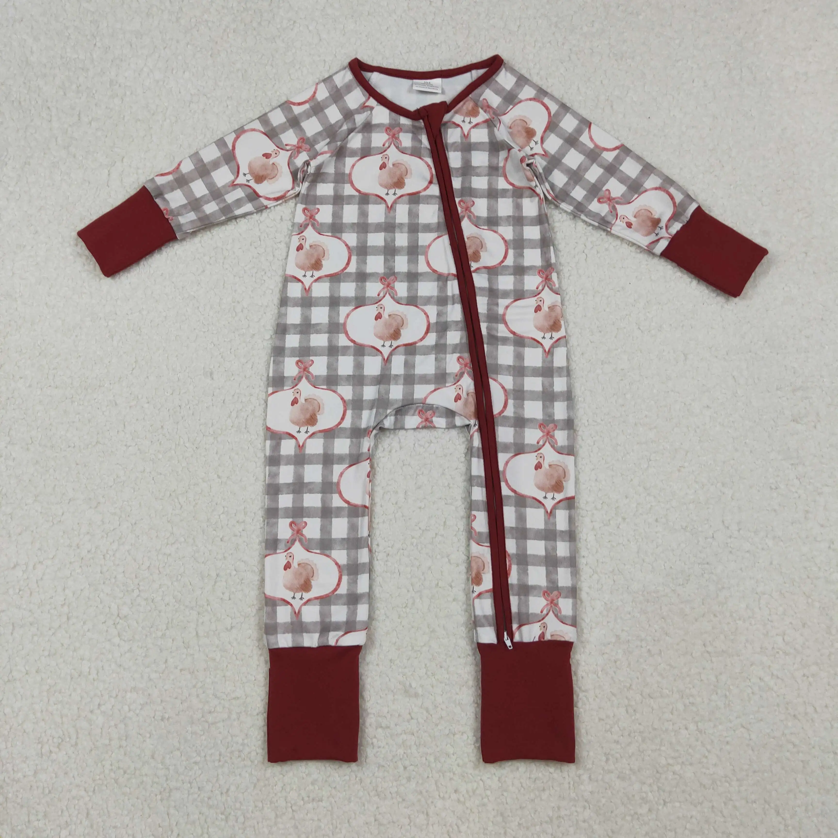 

X10.9 Winter baby boys romper wholesale bow pattern turkey plaid zipper long sleeve onesie