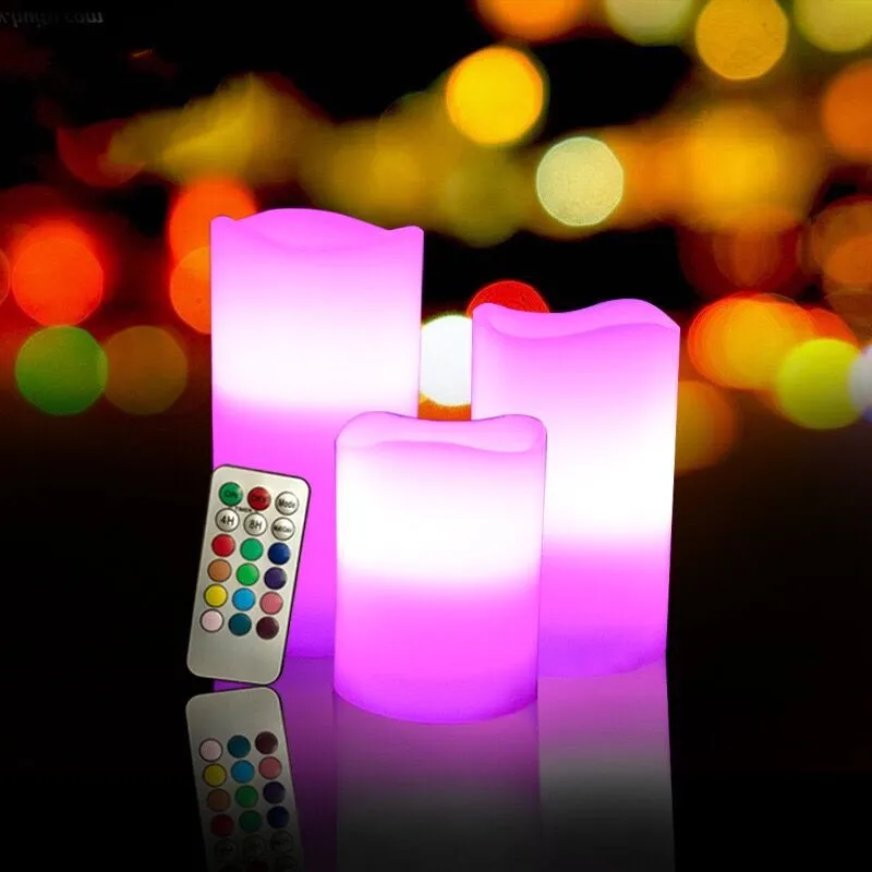 3pcs Flameless LED Paraffin Pillar Candle light w/18keys Remote controller&Timer Wedding Home Bar Table Decoration-Multicolor