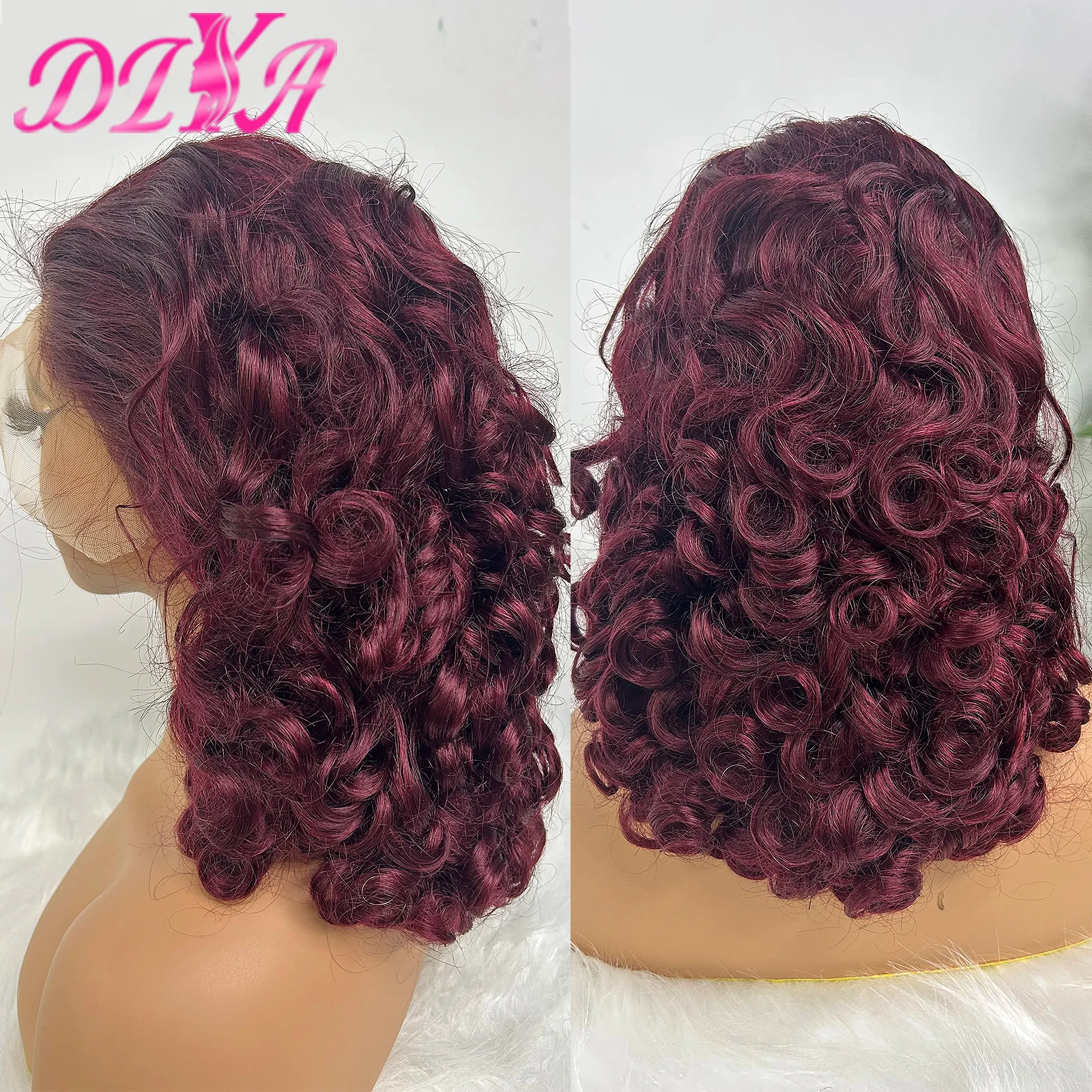 

Burgundy 250% Density Spring Curly Bob Human Hair Wigs for Black Women 13x4 Lace Frontal Brazilian Remy Human Hair PrePlucked