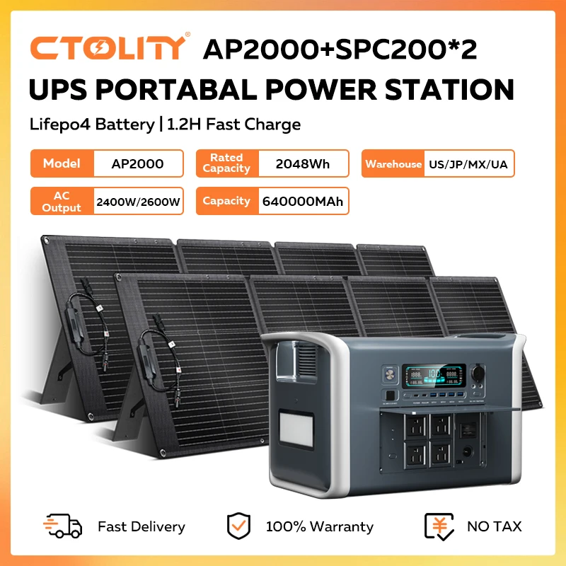 CTOLITY AP2000 محطة طاقة محمولة مع لوحة طاقة شمسية 400 وات 2400 وات 2048 وات في الساعة LiFePO4 مولد طاقة شمسية UPS بطارية احتياطية MPPT لـ RV