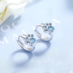 Silver Color  New Fashion Cute Cat Paw Stud Earrings for Women Creative Blue Zircon Party Jewelry Prevent Allergy