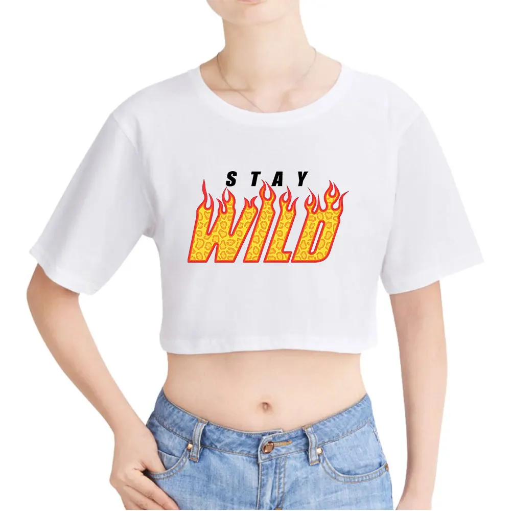 Ben Azelart Stay Wild Vintage 90s Crop Top Exposed Navel T-Shirt Women Fashion Oversize ONeck Tops Funny Tshirt