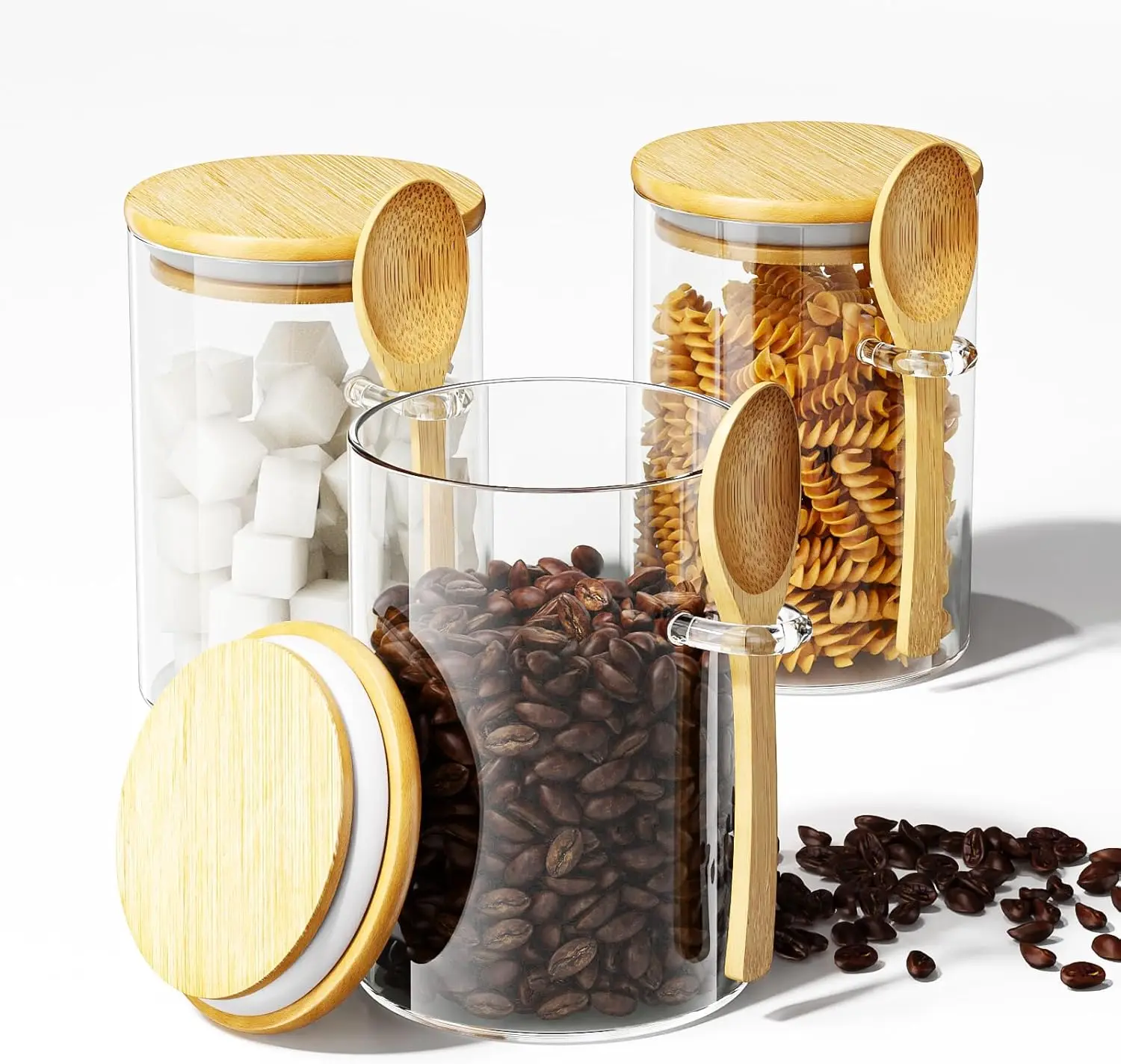 15oz Glass Airtight Canisters with Bamboo Lids and Spoons, Set of 3 for Coffee Sugar and Overnight Oats Storage