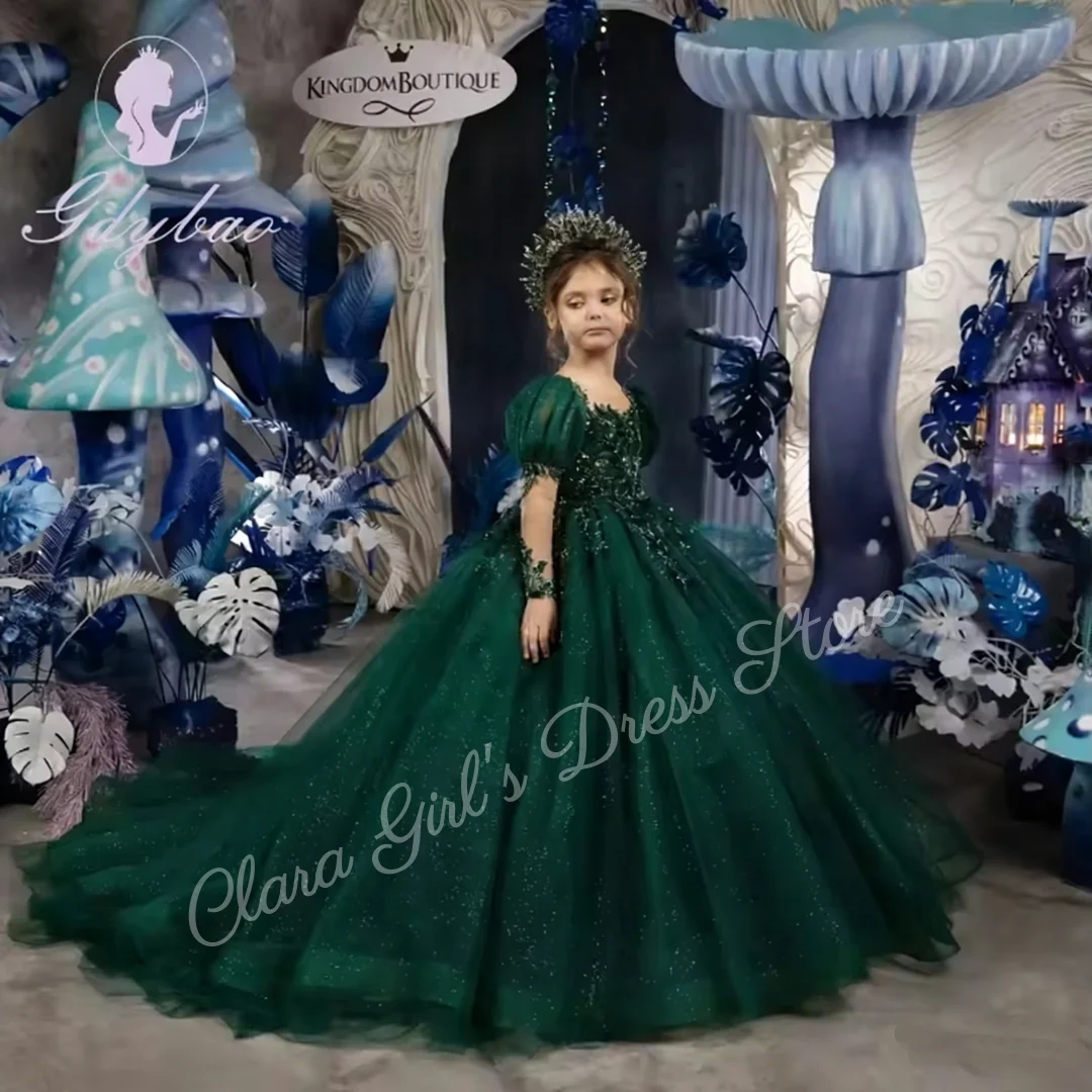 

Элегантное зеленое блестящее платье с цветочным узором для девочек на свадьбу, тюлевое детское платье с аппликацией на день рождения, первое причастие