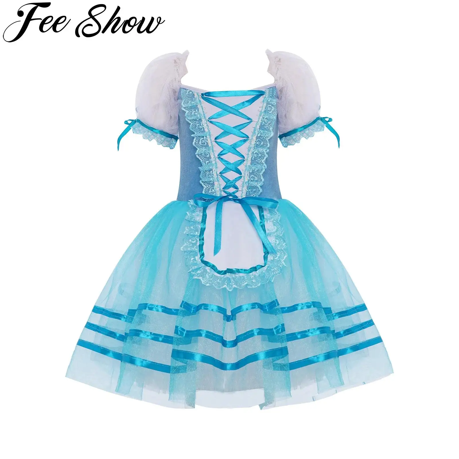 

Kids Girls Ballet Dance Tutu Princess Dress Puff Sleeve Lace Trim Layered Leotard Ballerina Gymnastics Performance Dancewear