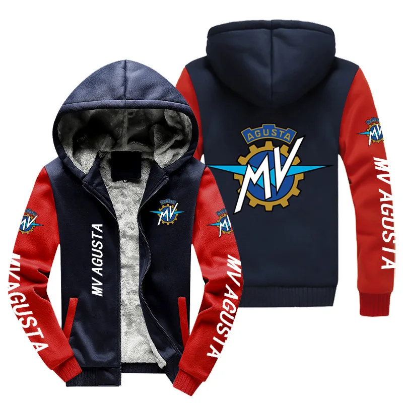 New Winter Men Fashion High Quality MV Agusta Logo Long Sleeve Jacket Casual Hoodies Zipper Wool Liner Fleece Sweatshirt Coat