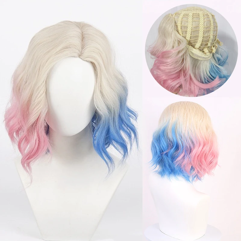 Role Play Costume Wig Cosplay Wig Pink Blue Gradient Short Curly Hair Stage Performance Headwear Props Dress Up Rose Hair Net